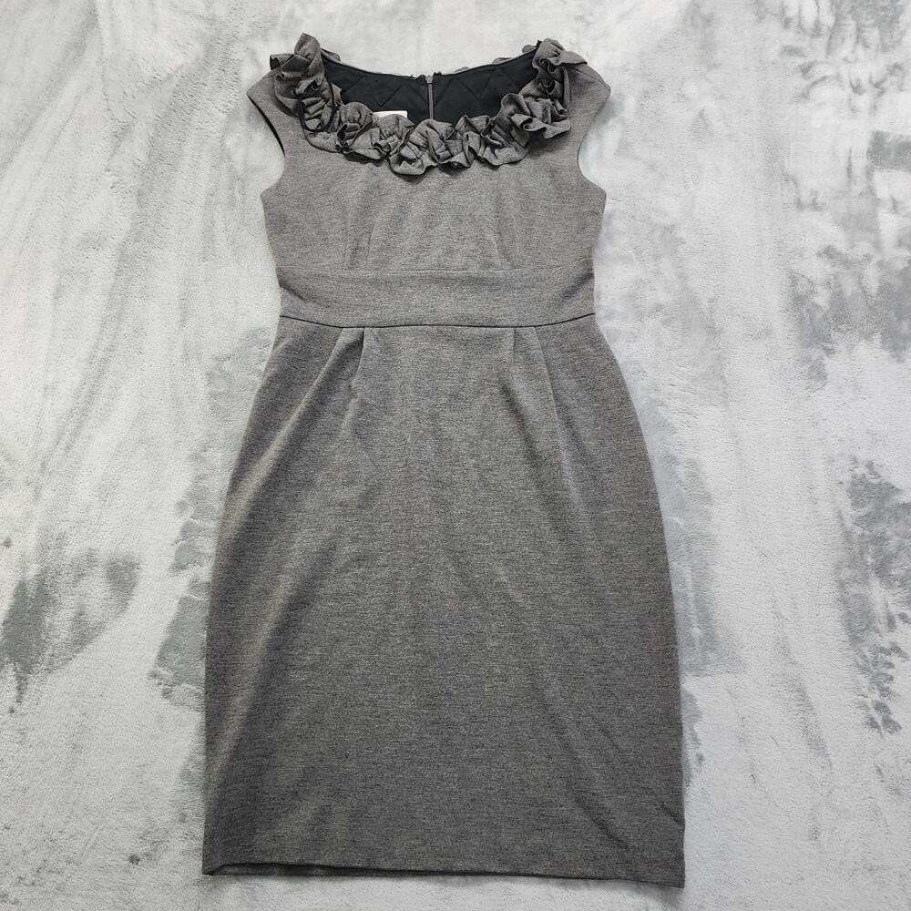 London Times Dress Size 6 Heather Gray Sheath Ruffled Neck Sleeveless Stretch